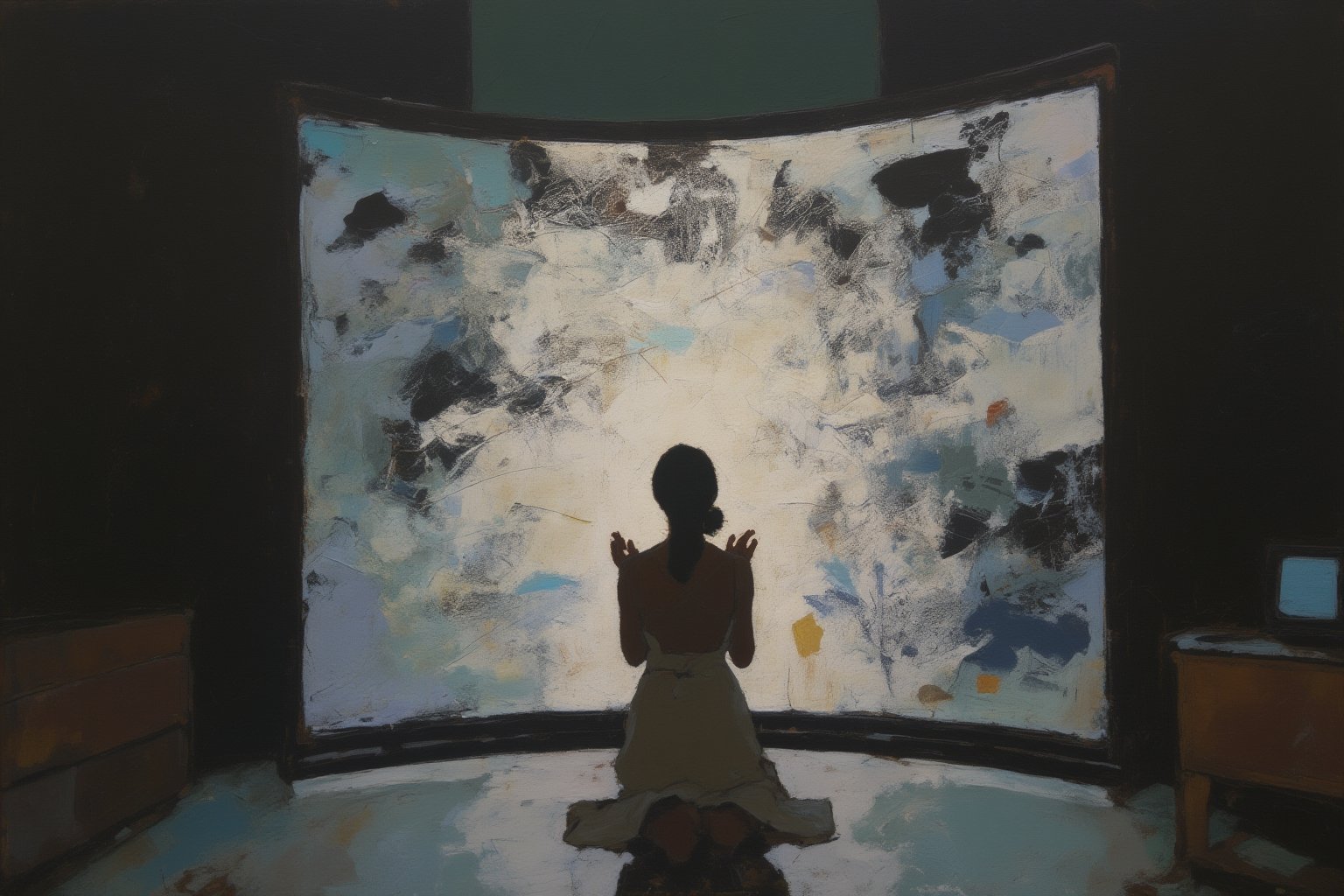 Abstract painting. A woman kneels in deep prayer, her hands gently clasped, facing a colossal television screen that towers above her. The TV's screen flickers with chaotic static, a wash of black and white noise that pulses in waves, casting a cold, shifting light over the scene. The woman is bathed in this erratic glow, her silhouette softly illuminated by the constantly shifting patterns of the static. Her figure is serene, dressed in simple, flowing garments that ripple slightly, reflecting the artificial light.

The room around her is stark and minimalist, with the gigantic TV as the focal point. The screen itself is a monolithic presence, slightly curved, and its glossy frame gleams faintly in the low ambient light. The static, constantly moving, seems alive, with random flashes and bands of light darting across the screen, filling the atmosphere with a sense of both unease and wonder.

The visual style blends realism with an unsettling, surreal tone, evoking themes of dystopian futurism. The lighting is harsh yet intimate, with sharp contrasts between the illuminated woman and the darkened surroundings. The static creates a grainy, almost tactile texture against the smooth surface of the TV, while the woman's posture exudes a sense of quiet devotion, creating a powerful juxtaposition between the spiritual and the technological. The overall composition is cinematic, like a still frame from a futuristic, introspective narrative, where technology looms as a vast, enigmatic presence.
