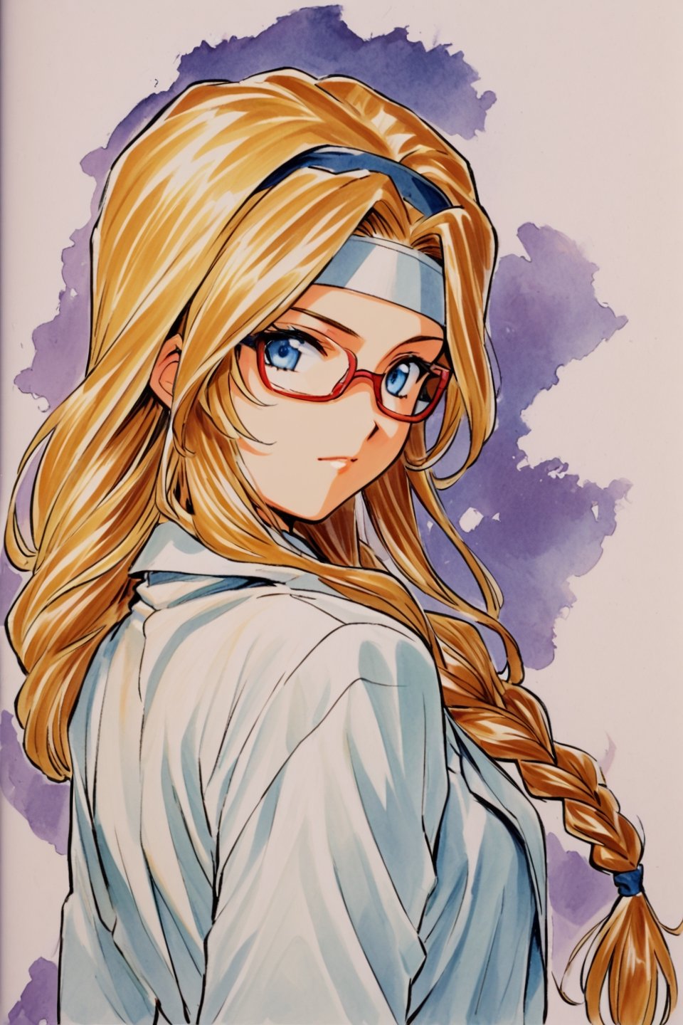 Diana Caprice, 1girl, solo, glasses, blonde hair, long hair, blue eyes, white background, labcoat, headband, braid, simple background, upper body, shirt, traditional media, looking at viewer, single braid, red-framed eyewear