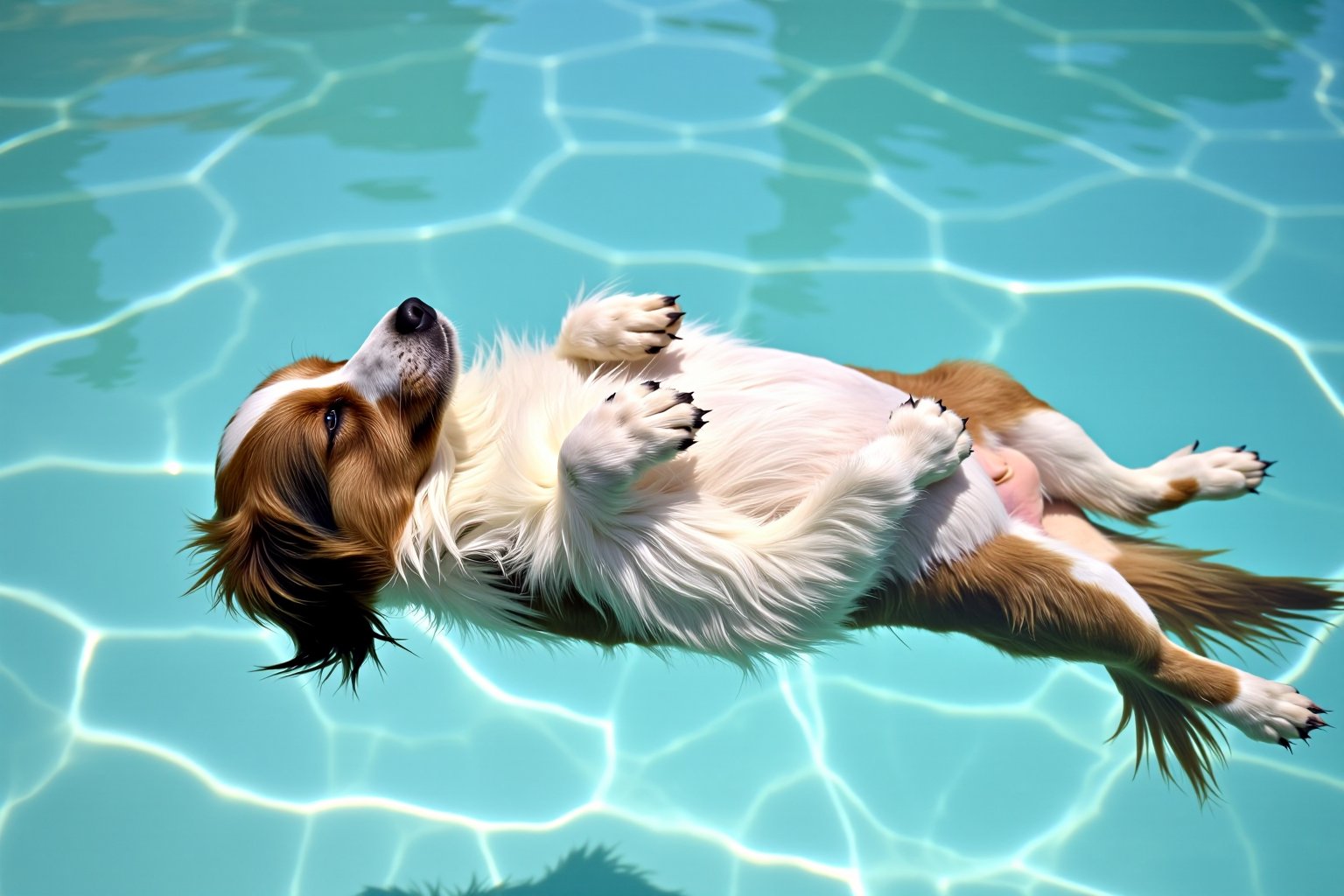 Photography. A serene scene of a dog peacefully floating on its back in a clear turquoise pool. The dog is half submerged in the water, belly up, with its paws gently resting above the water's surface.  The sunlight to creates a shimmering patterns on the dog's fur and on the pool. The colors of the scene are soft and calming, with hues of light white and turquoise blending smoothly in the background.