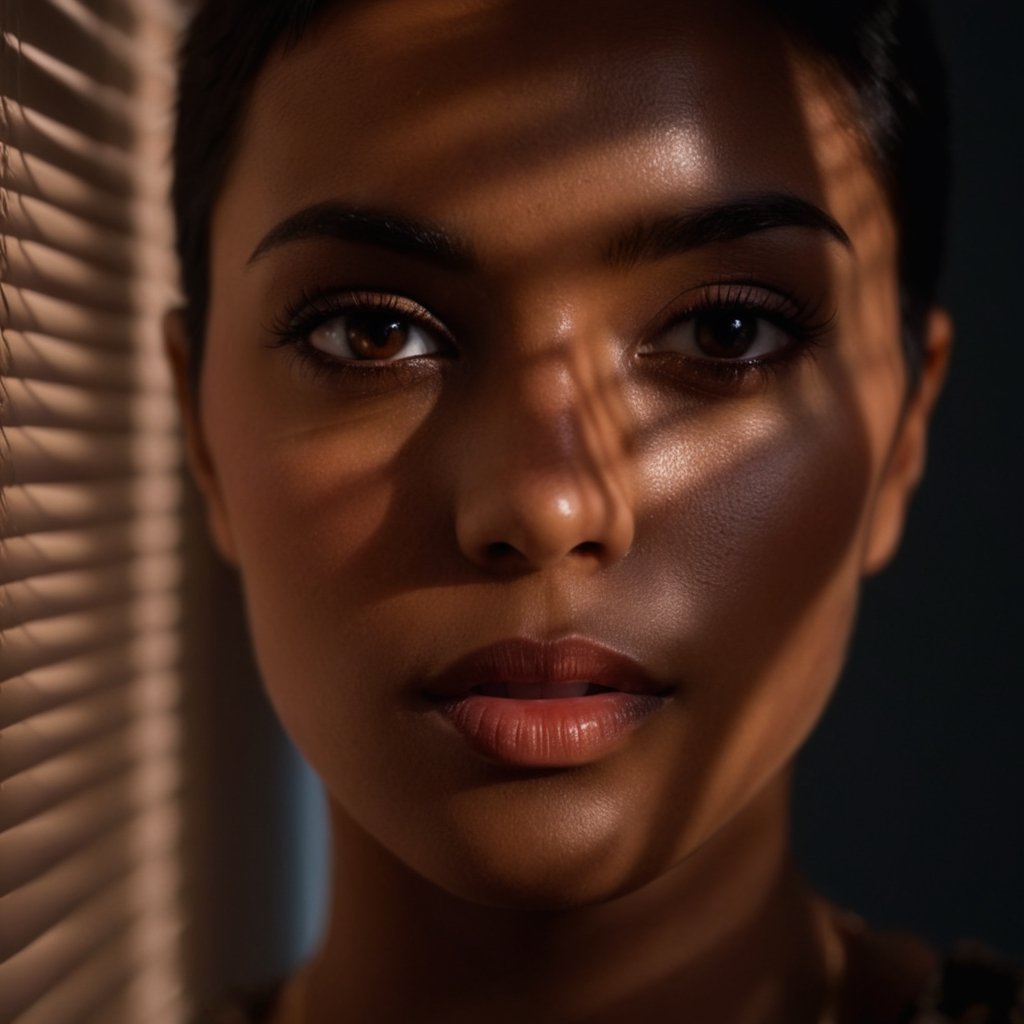 cinematic film still of  A cucoloris patterned illumination casting a unique custom shape diagonal shadow on a woman with a dark background and a light coming through her eyes,1girl,solo,short hair,black hair,brown eyes,dark skin,dark-skinned female,lips,shadow,realistic,nose,light,dark,shade,cinematic,film,filmic,casting shadow,venetian blinds casting shadow light,shadow on face,face partially covered in shadow,different shadow,window casting shadow light,cinematography,detailed,detailed background,detailed face,high quality,8k,cuculoris,kookaloris,cookaloris or cucalorus,light modifier,different light pattern,creative light,unique shadow , casting shadow style, shallow depth of field, vignette, highly detailed, high budget, bokeh, cinemascope, moody, epic, gorgeous, film grain, grainy