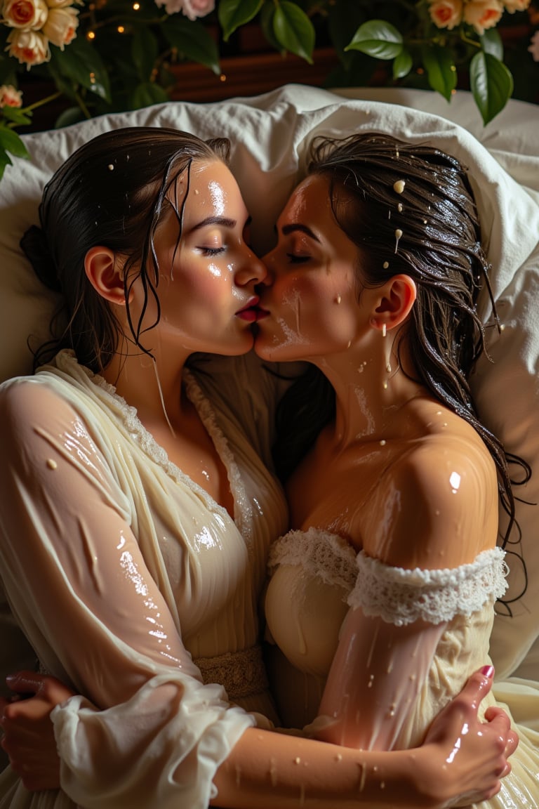 (wet clothes, wet hair, wet, wet face, wet skin, two girls kissing, shawl , wet veil, A cinematic photo of a wet women in Victorian-style bridal attires and shawls, lying on another wet while they are sleeping together on a wet bed. Both of them are queens. They are making out and kissing. covered by a wet blanket. The dresses and shawls are wet and clinging to their bodies. Their dresses covered in transparens slimes. They wear a wet slimy shawl. slimy clothes, slimy hairs..: 1.4 ),(60s film , two wet lesbian making out session, A sultryMedium shot ,looking to the camera, blonde deep wet kiss (wet brunnete doris day and grace kelly a 40-year-old wet woman). embraced full wet make up, The cinematic film still captures their intimate moment as they making out, wet drindl ballgown, wet royal cloak. they embrace each other against the backdrop of a luxurious coffeshop bathed in soft daylight, submerge, hugging, wet hair, moist face:1.2)), infused with norwegian elements. The wet dress combines intricate lace and embroidery with colorful ballgown-inspired patterns. A wide obi belt cinches her waist, while puffed sleeves and delicate accessories complete the look, showcasing a striking fusion of cultures.,ct-drago . , soakingwetclothes, wet clothes, wet hair,photorealistic,georgian gown,18thcentury,Georgian gown,Pakistani dress,victorian dress,Fetishwet,Wet,covered in oil,covered in mud,wam,pouring oil,wetlook,pouring oil,Wetfetish