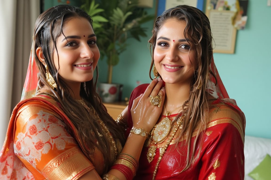 ((wet clothes, wet skin, wet hair:1.4)), two soaking wet young swidish brides posing for a post wedding image in wet Indian kanjevaram saree, wet full sleeve blouse and wet bridal veil.  her hair and clothes are completely wet, slimed and soaked.
. wetness in their hair, clothes,  skin.,Fetishwet,Enhanced all