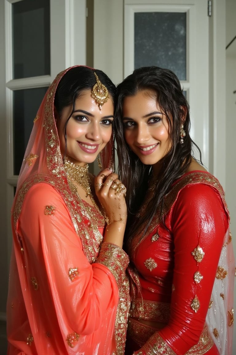 ((wet clothes, wet skin, wet hair:1.4)), two soaking wet young swidish brides posing for a post wedding image in wet Indian kanjevaram saree, wet full sleeve blouse and wet bridal veil.  
. wetness in their hair, clothes,  skin.,Fetishwet,Enhanced all