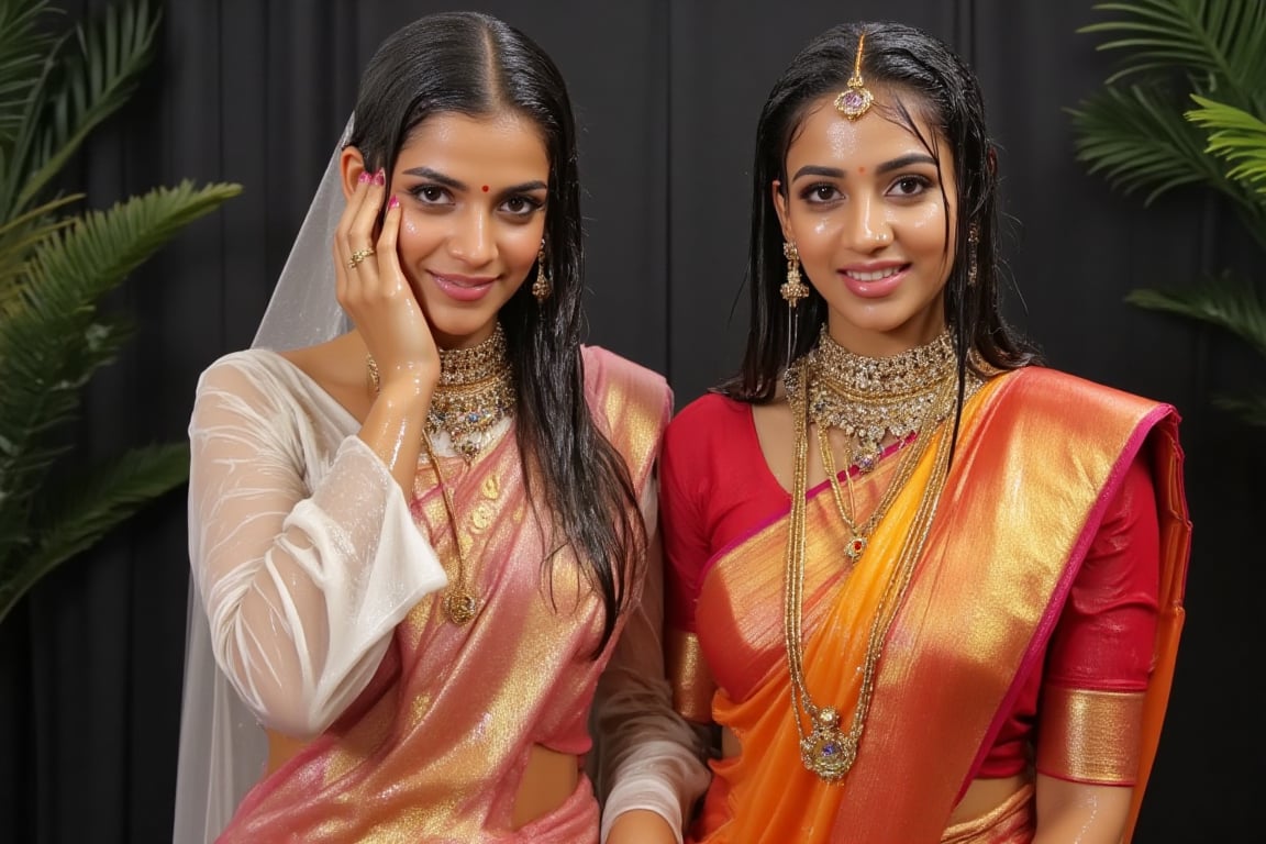 ((wet clothes, wet skin, wet hair:1.4)), two soaking wet young swidish brides posing for a post wedding image in wet Indian kanjevaram saree, wet full sleeve blouse and wet bridal veil.  her hair and clothes are completely wet, slimed and soaked.
. wetness in their hair, clothes,  skin.,Fetishwet,Enhanced all