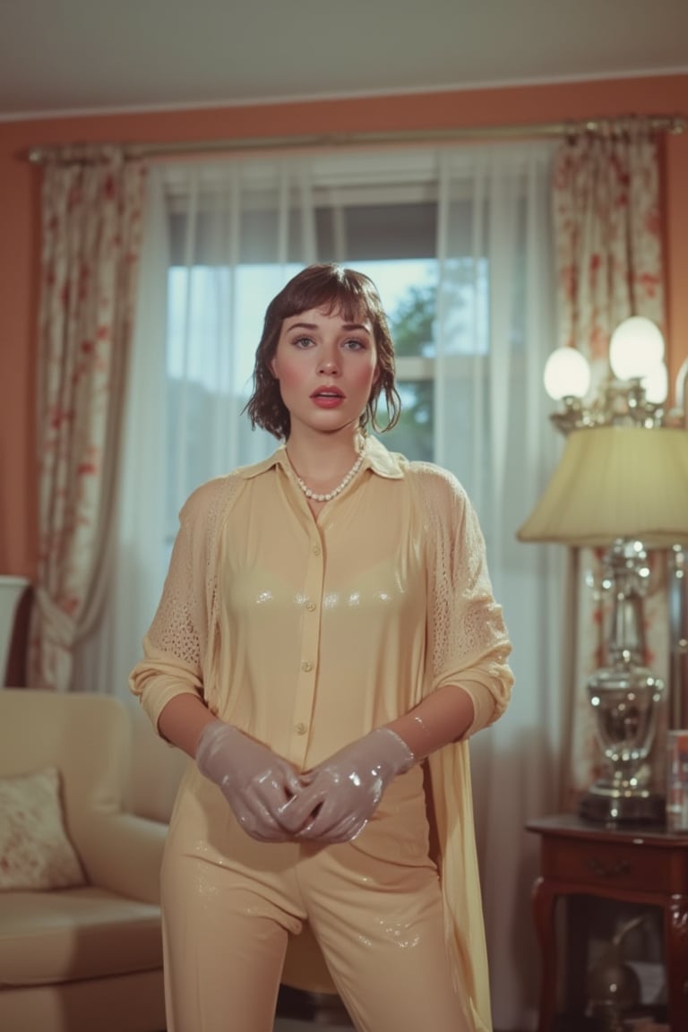 ((wet clothes, wet skin, wet hair:1.4)), A retro scene featuring a woman with wet, short, dark hair standing in a brightly lit living room. She is dressed in a wet, buttoned-up, full-sleeve cream shirt that clings slightly to her form, adding a touch of elegance to the vintage setting. she also elegantly draped in a wet shawl with intrecate design. She wears a pearl necklace and gloves, her expression startled, her eyes wide with surprise as she stands near the window. The living room is furnished with retro decor—vintage patterned curtains, a classic armchair, and ornate lamps. The soft, warm lighting enhances the mid-20th century vibe, giving the room a cozy and nostalgic atmosphere. The vibrant colors and her dramatic expression capture the characteristic flair of mid-century pulp films, creating an air of intrigue and mystery within the stylish vintage setting.,Fetishwet