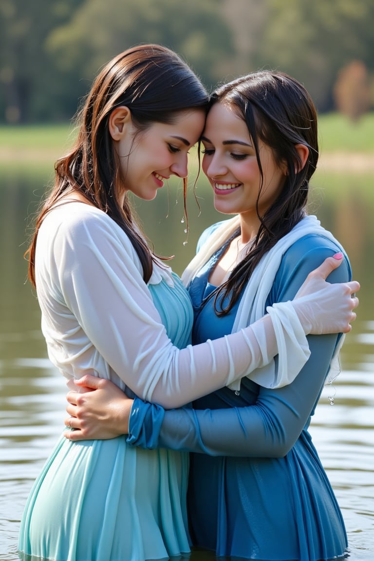 ((wet clothes, wet skin, wet hair:1.4)), Stunning and realistic photo captured with a 50mm lens: Two elegant soaking wet Victorian ladies in wet blue shades frock lace dresses paired with white winter shawls, submerged in calm water of the Wild West. Hugging happily while drenched,  attire made of solid color material and cotton ballgowns clinging to their forms. Erin Moriarty's style,  long sleeves and restored retro style showcase drenched hair and soaked attire. Water cascades  their hair, clothes,  skin.,Fetishwet