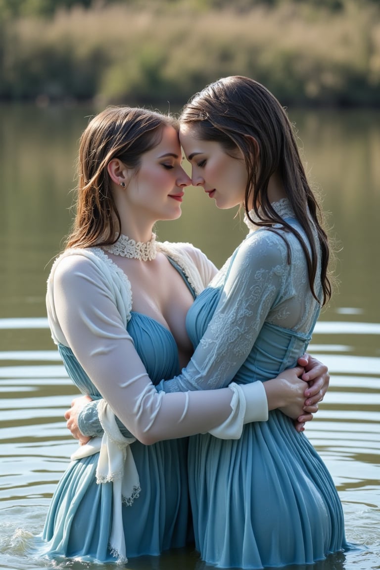 ((wet clothes, wet skin, wet hair:1.4)), Stunning and realistic photo captured with a 50mm lens: Two elegant soaking wet Victorian ladies in wet blue shades frock lace dresses paired with white winter shawls, submerged in calm water of the Wild West. Hugging happily while drenched,  attire made of solid color material and cotton ballgowns clinging to their forms. Erin Moriarty's style,  long sleeves and restored retro style showcase drenched hair and soaked attire. Water cascades  their hair, clothes,  skin.,Fetishwet