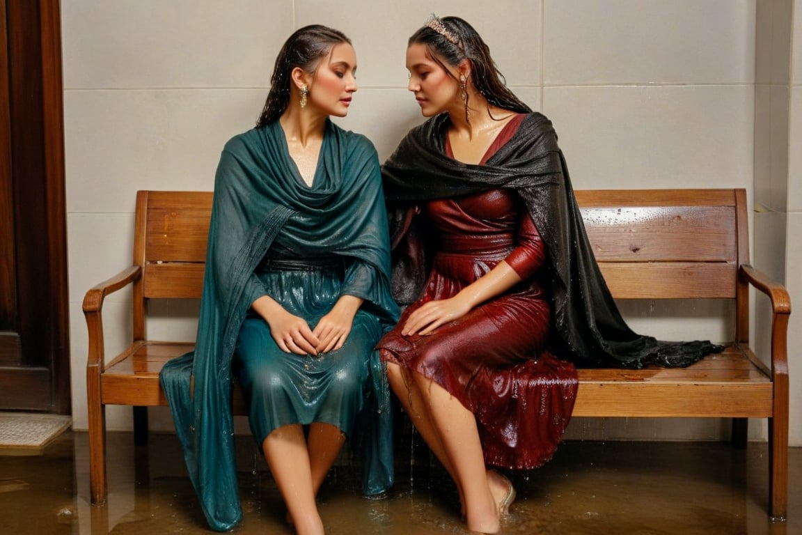 (wet clothes, wet hair, wet, wet face, wet skin, 2girls, making out, draped in shawl : 1.4 ),(Elegant drenched woman in wet ripped tight 1900s skirt suit and wet torn fur coat with wool tights and heeled shoes in the rain,sitting in a court room, drenched and mud covered clothes completly torn out). embraced full wet make up, The cinematic film still captures their intimate moment as they lock wet lips, wet drindl ballgown, wet royal cloak. they embrace each other against the backdrop of a luxurious lounge sofa bathed in soft daylight, submerge,  hugging, wet hair, moist face:1.2)), infused with norwegian elements. The wet dress combines intricate lace and embroidery with colorful ballgown-inspired patterns. A wide obi belt cinches her waist, while puffed sleeves and delicate accessories complete the look, showcasing a striking fusion of cultures.,ct-drago
.
, soakingwetclothes, wet clothes, wet hair,photorealistic,georgian gown,saree influencer,Pakistani dress