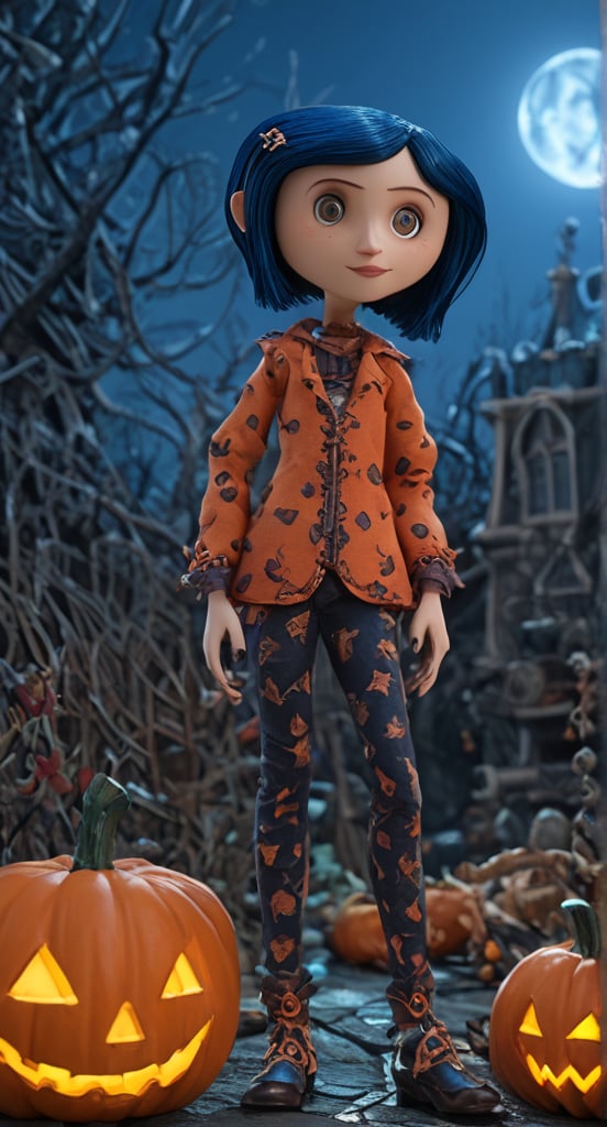 Coraline dressed as a witch, standing in a pumpkin patch, under a full moon, CoralineClay,Dark blue hair,halloween,halloween themed 