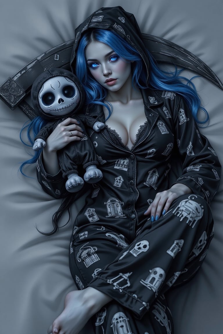 A female grim reaper lying down holding a grim reaper plushie. Her long blue hair and pale skin glistens against the grey...