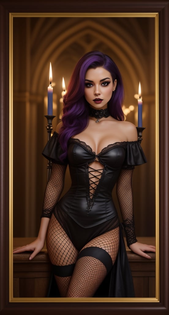 The image is a stylized depiction of a female character, likely created for artistic or entertainment purposes. The character's gothic aesthetic is emphasized through her attire and accessories, such as the ruffled black sleeves, fishnet stockings, and leather elements. The purple highlights in her hair and makeup suggest a deliberate choice to align with the gothic theme. The background elements, including the candles and framed picture, contribute to the overall atmosphere of the scene. This description focuses on observable content without inferring any context beyond what is presented visually.