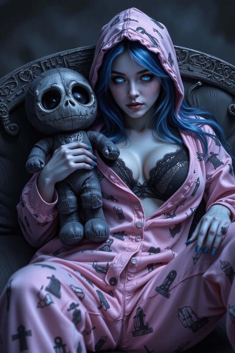 A female grim reaper lying down holding a grim reaper plushie. Her long blue hair and pale skin glistens against the grey...