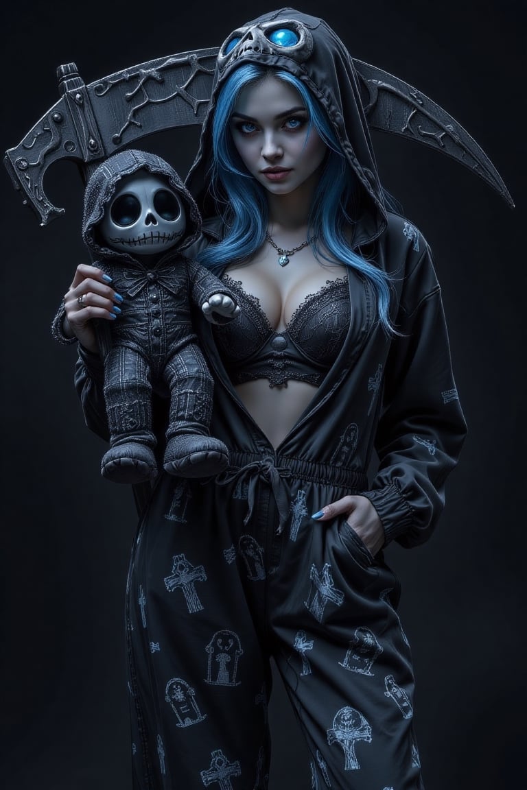 A female grim reaper stands holding a grim reaper plushie. Her long blue hair and pale skin glistens against the deep blac...