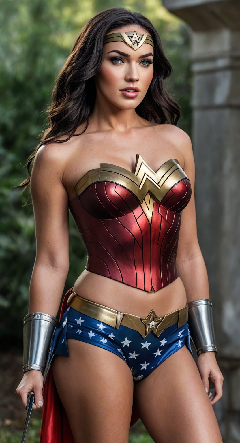 Realistic, HDR, 8k, Megan Fox Wonder Woman cosplay, 