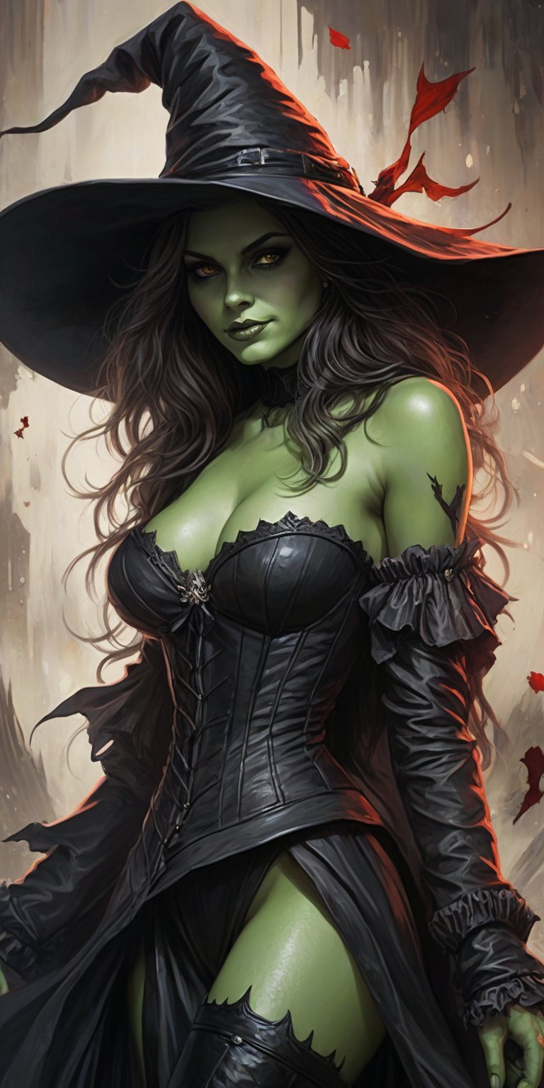 (masterpiece, high quality, realistic, 8K, high_res), abstract illustration, sketchbook style, ultra detailed, let's create a full body portrait of a sexy Wicked Witch of the West who's been adressed the phrase \Call me a sinner, call me a saint. Tell me it's over, i'll still love you the same. Call me your favorite, Call me the worst. Tell me it's over i dont want you to hurt. That's all that i can say, So i'll be on my way\. A painting about a feeling of hopelessness, acceptance of fate, readiness to let go of the past and move on. truly artwork, artgerm, inspired by Shinedown work, by badabum27, portraitart,Leonardo Style,artint