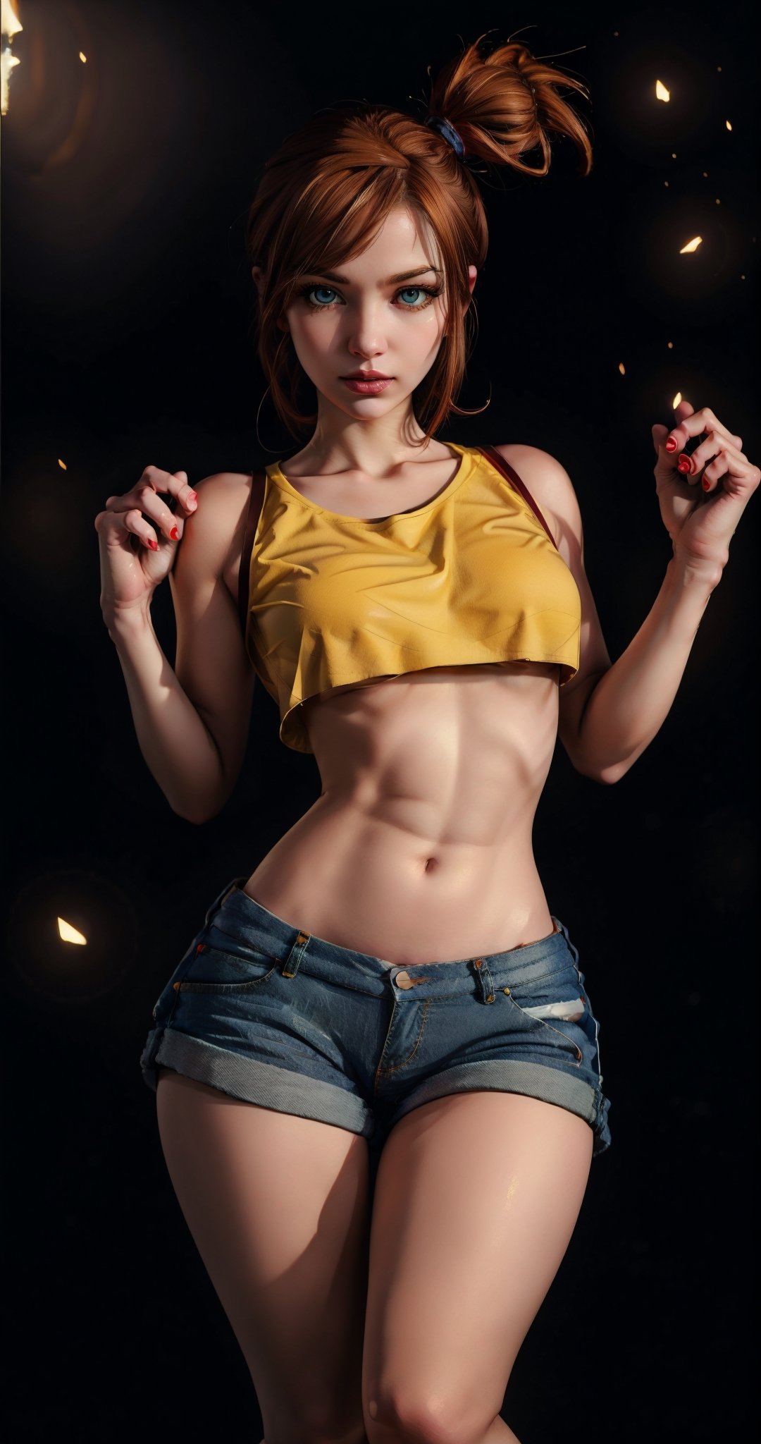 ((masterpiece, best quality)), misty, yellow top, midriff, red suspenders, blue denim shorts, pokemon, pikachu background,sexy, large breasts, ,curvy body,detailed face,perfect eyes,detailed hands,hands up,light background,mix of fantasy and realistic elements,vibrant manga,uhd picture , crystal translucency, vibrant artwork,jessie\(pokemon\)