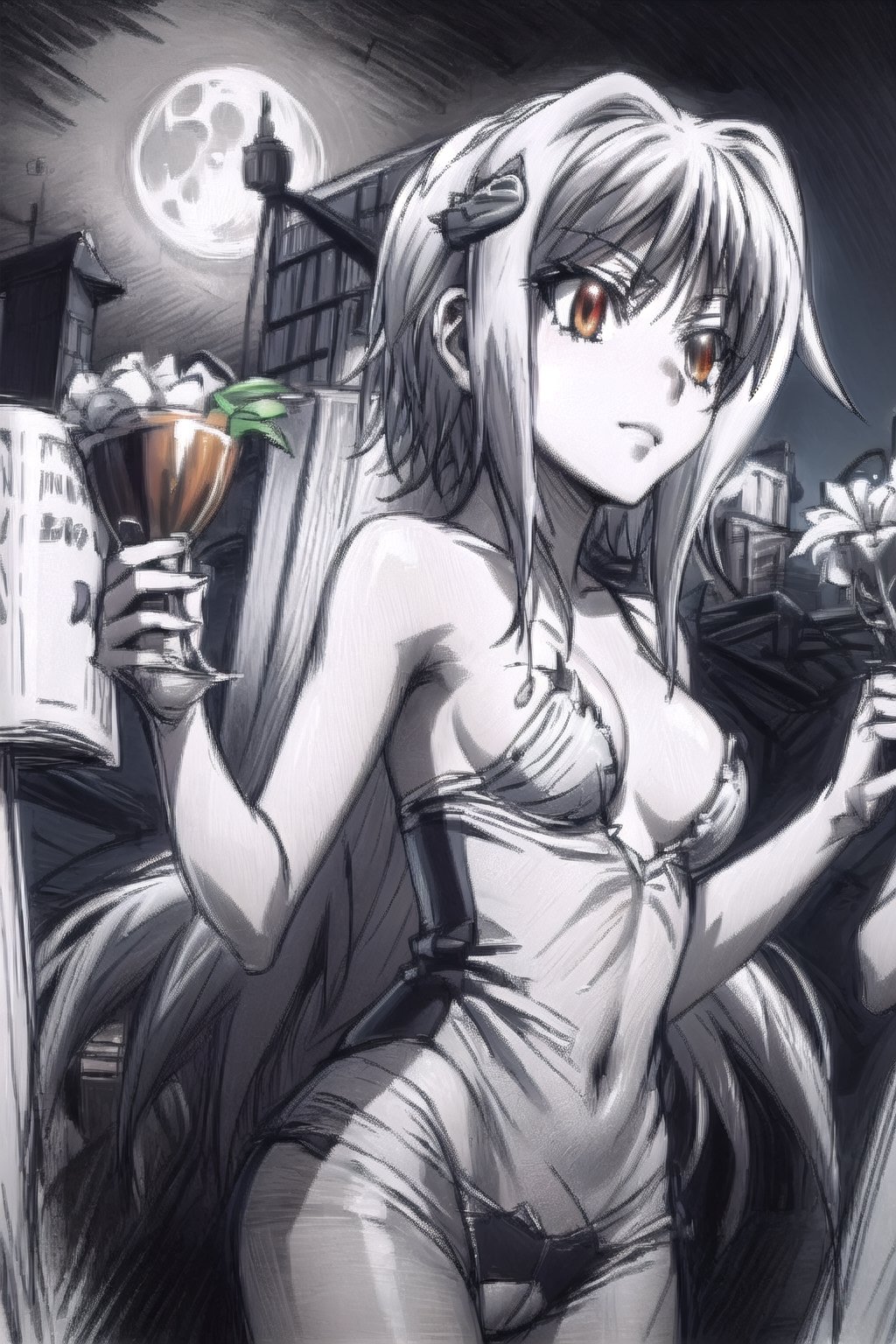 sketch, cleavage, seductive gaze, mysterious atmosphere, dark forest, moonlit night, flowing cloak, enigmatic smile, suggestive sexy pose, subtle lighting, hints of danger, alluring presence, hidden secrets, captivating eyes,ClrSkt,monochome,rias gremory,Akeno,akeno himejima,irina_a, orange hair, long hair,xenovia quarta,koneko toujou (dxd),eft_dxd_white