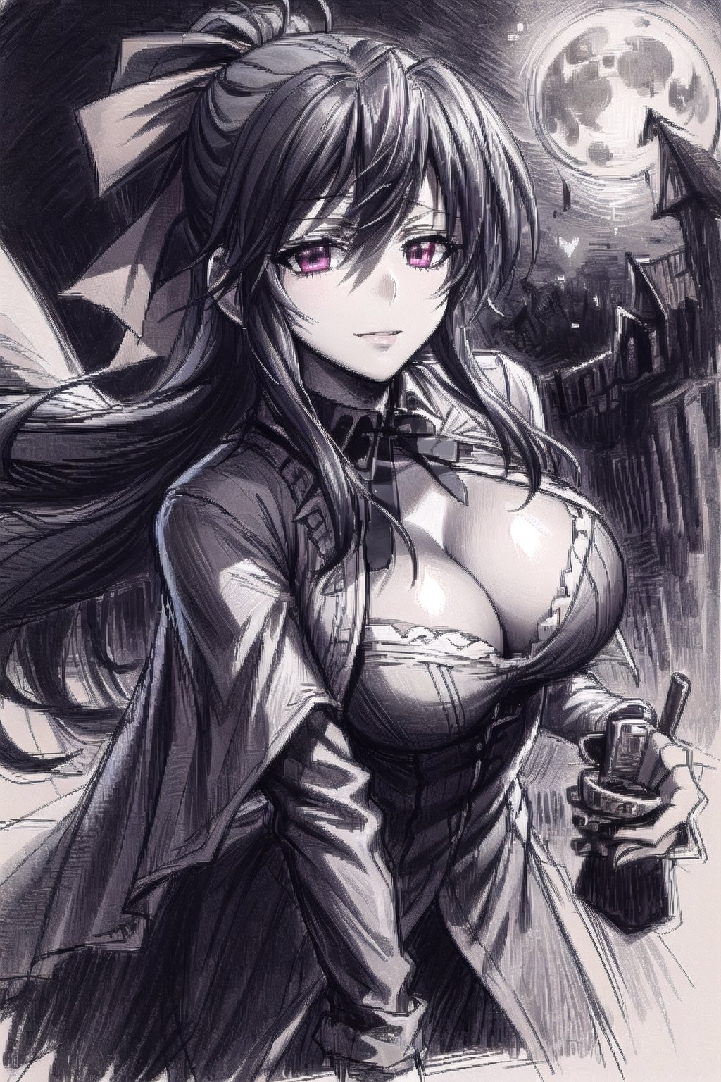 sketch, cleavage, seductive gaze, mysterious atmosphere, dark forest, moonlit night, flowing cloak, enigmatic smile, suggestive sexy pose, subtle lighting, hints of danger, alluring presence, hidden secrets, captivating eyes,ClrSkt,monochome,rias gremory,Akeno,akeno himejima