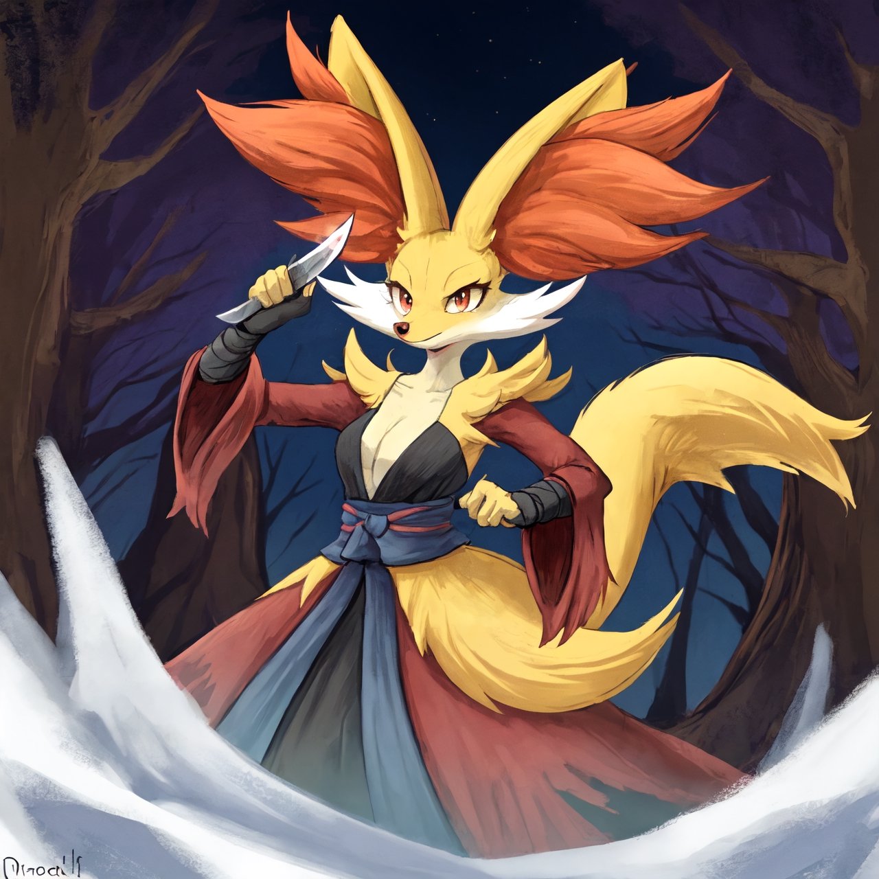 Pokemon hembra, ninja, delphox ninja, cielo de noche, fondo de un bosque, ropa de ninja, pose con un cuchillo, unico personaje en la imagen, lindo cuerpo,