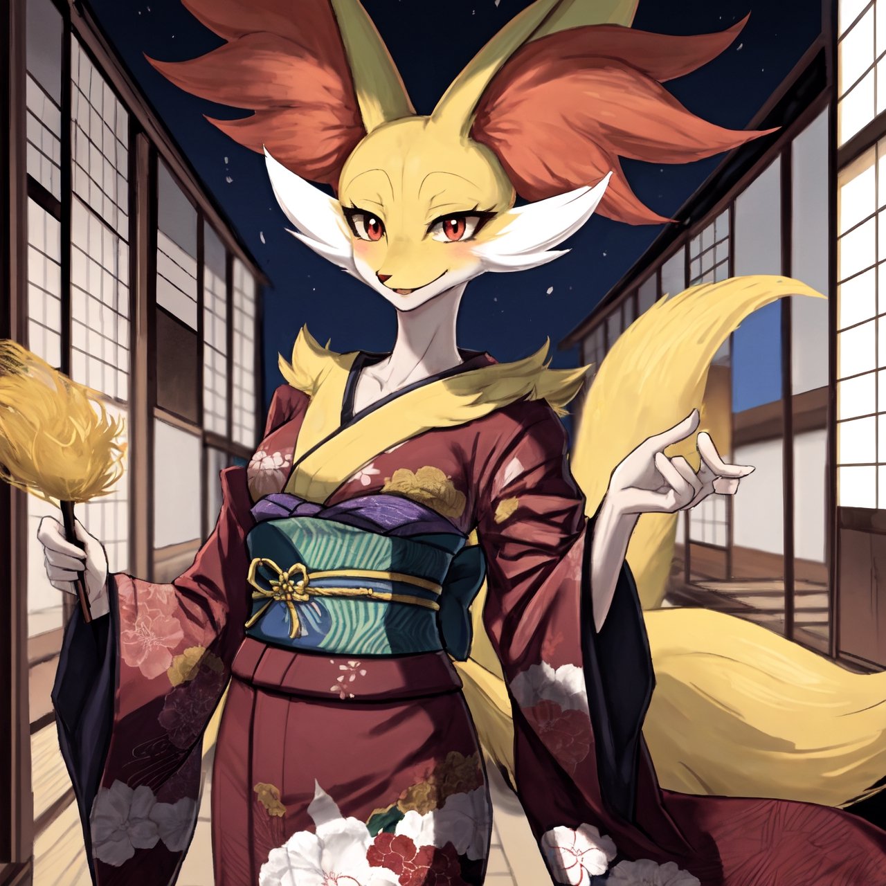 Pokemon hembra, delphox con kimono, cielo de noche, unico personaje en la imagen, cuerpo sexy, delphox femenina, rostro del personaje bien hecho, senos grandes, senos con escote, ciudad japonesa antigua de fondo, kimono rosa