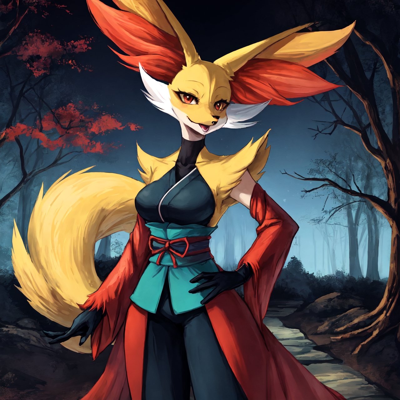 Pokemon hembra, ninja, delphox ninja, cielo de noche, fondo de un bosque, ropa de ninja, unico personaje en la imagen, cuerpo sexy, más personajes en la imagen, delphox femenina, rostro del personaje bien hecho