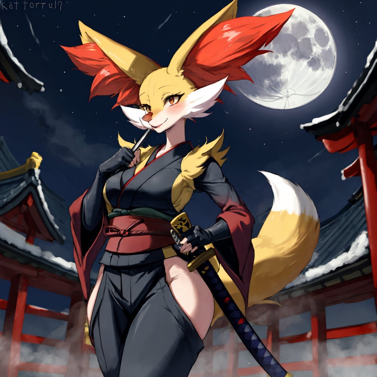 Pokemon hembra, delphox ninja, noche de luna llena, unico personaje en la imagen, cuerpo sexy, delphox femenina, rostro del personaje bien hecho, senos muy grandes, tetona, ciudad japonesa antigua de fondo, ropa ninja, cuerpo completo,  con katana en mano, sexy