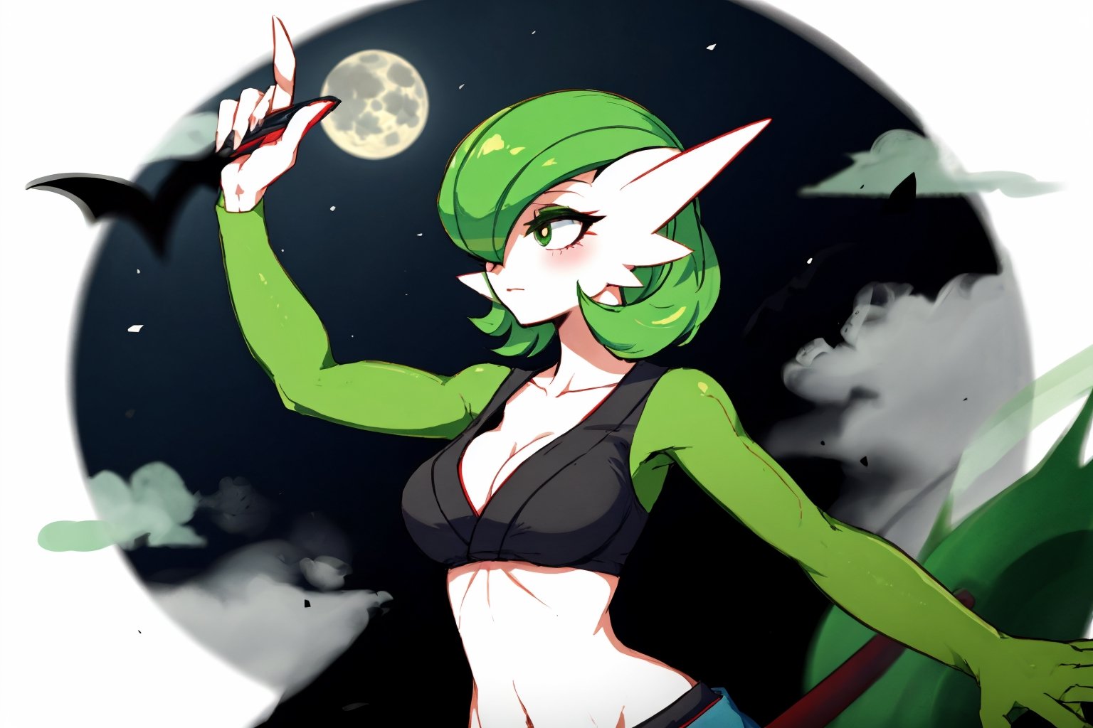 Pokemon hembra, gardevoir ninja, noche de luna llena, unico personaje en la imagen, gardevoir femenina, rostro del personaje bien hecho, senos muy grandes, tetona, ciudad japonesa antigua de fondo, ropa ninja, cuerpo completo, lleva Katana en la mano,Gardevoir