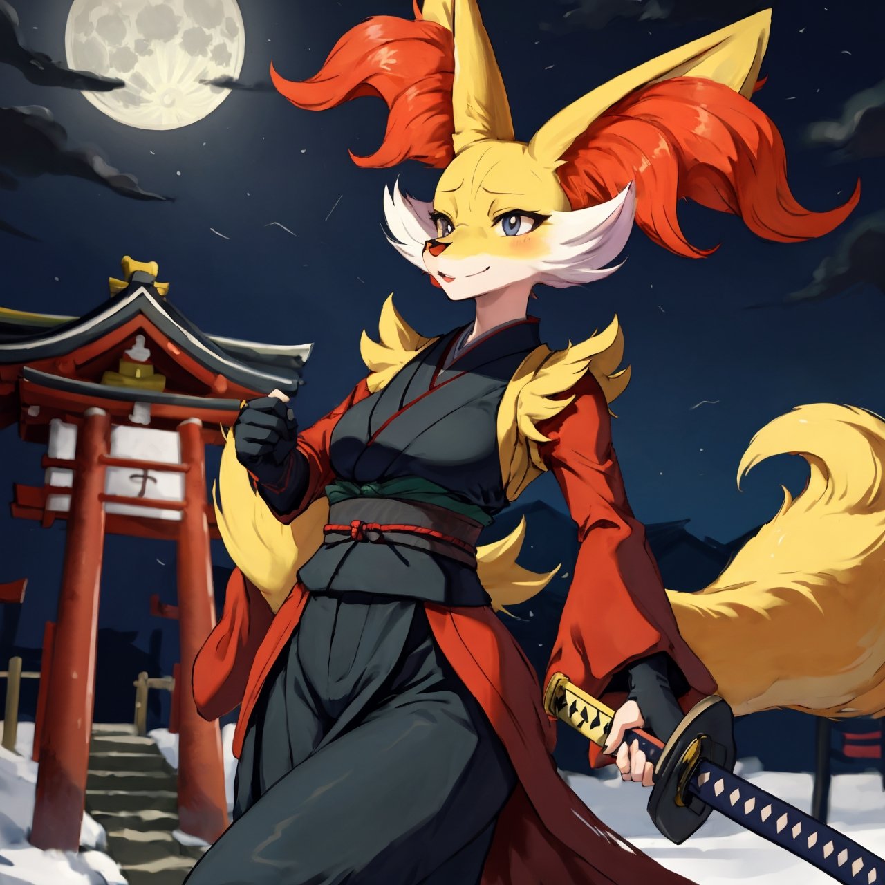 Pokemon hembra, delphox ninja, noche de luna llena, unico personaje en la imagen, cuerpo sexy, delphox femenina, rostro del personaje bien hecho, senos muy grandes, tetona, ciudad japonesa antigua de fondo, ropa ninja, cuerpo completo,  con katana en mano