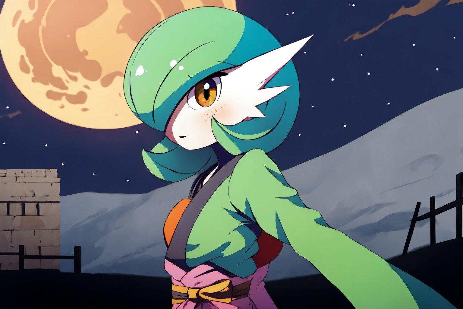 Pokemon hembra, gardevoir ninja, noche de luna llena, unico personaje en la imagen, gardevoir femenina, rostro del personaje bien hecho, senos muy grandes, tetona, ciudad japonesa antigua de fondo, ropa ninja, cuerpo completo, lleva Katana en la mano,Gardevoir