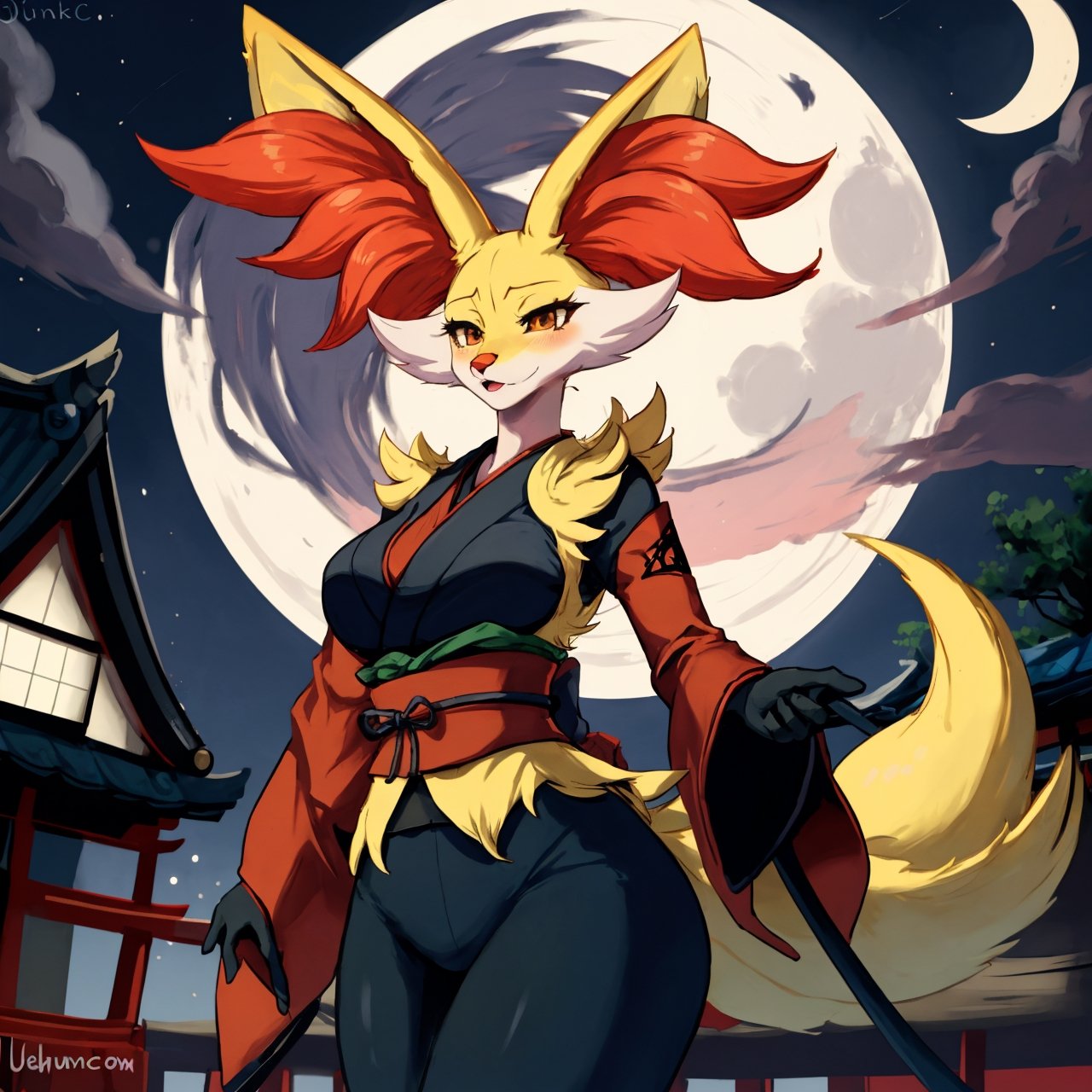 Pokemon hembra, delphox ninja, noche de luna llena, unico personaje en la imagen, cuerpo sexy, delphox femenina, rostro del personaje bien hecho, senos muy grandes, tetona, ciudad japonesa antigua de fondo, ropa ninja, cuerpo completo, 