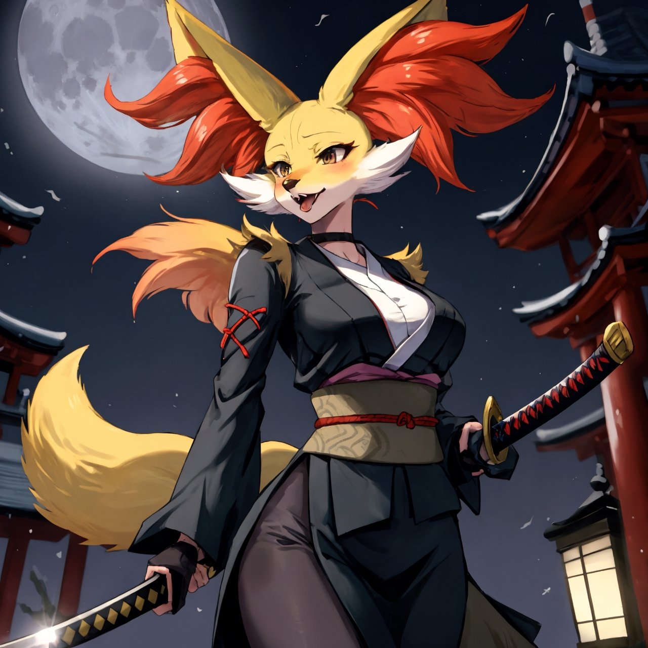 Pokemon hembra, delphox ninja, noche de luna llena, unico personaje en la imagen, cuerpo sexy, delphox femenina, rostro del personaje bien hecho, senos muy grandes, tetona, ciudad japonesa antigua de fondo, ropa ninja, cuerpo completo,  con katana en mano, sexy