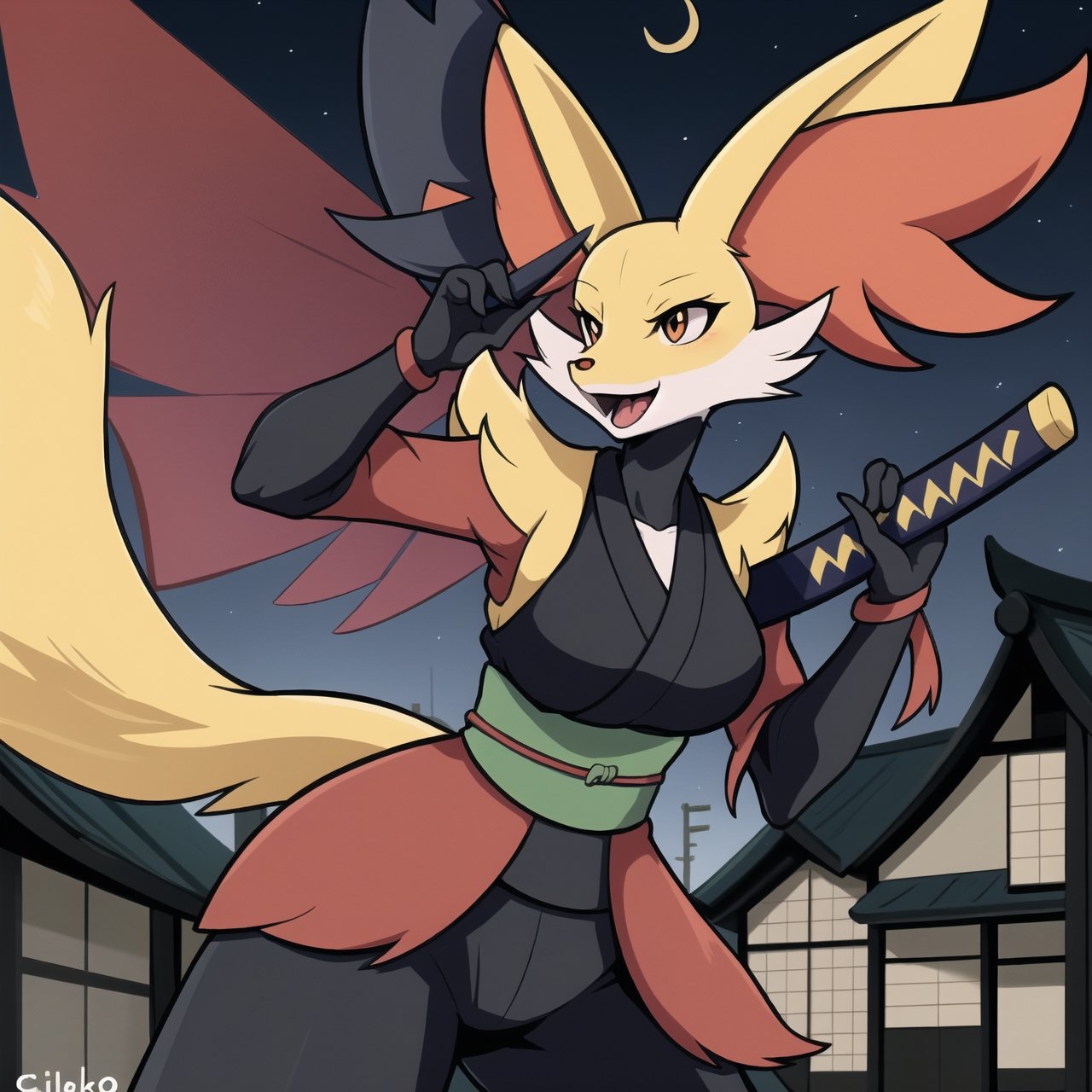 Delphox, Pokemon hembra, pokemon, ninja,, delphox ninja, cielo de noche, fondo de una ciudad japonesa antigua, ropa de ninja, cuerpo completo, pose con katana