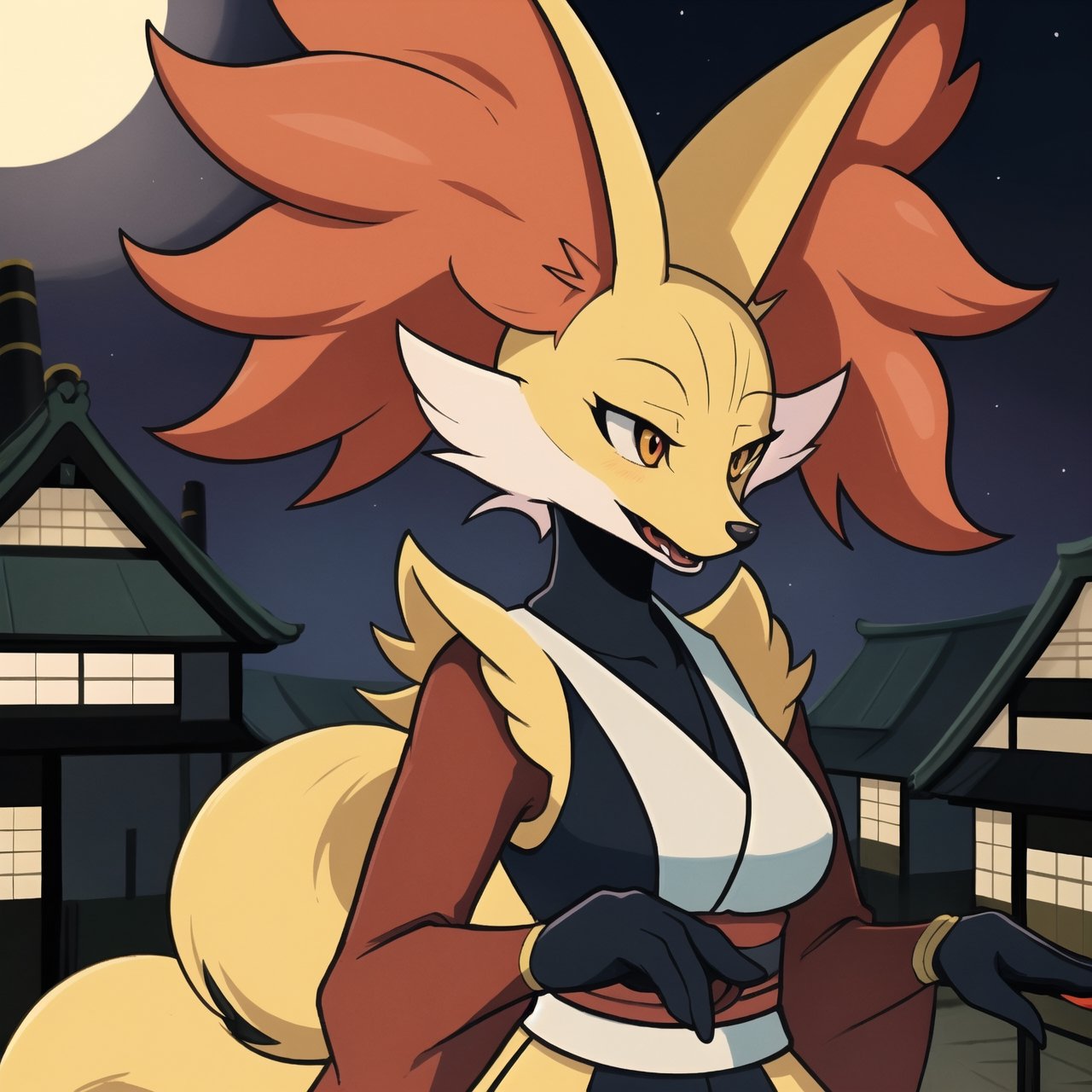 Delphox, Pokemon hembra, pokemon, ninja,, delphox ninja, cielo de noche, fondo de una ciudad japonesa antigua, ropa de ninja.