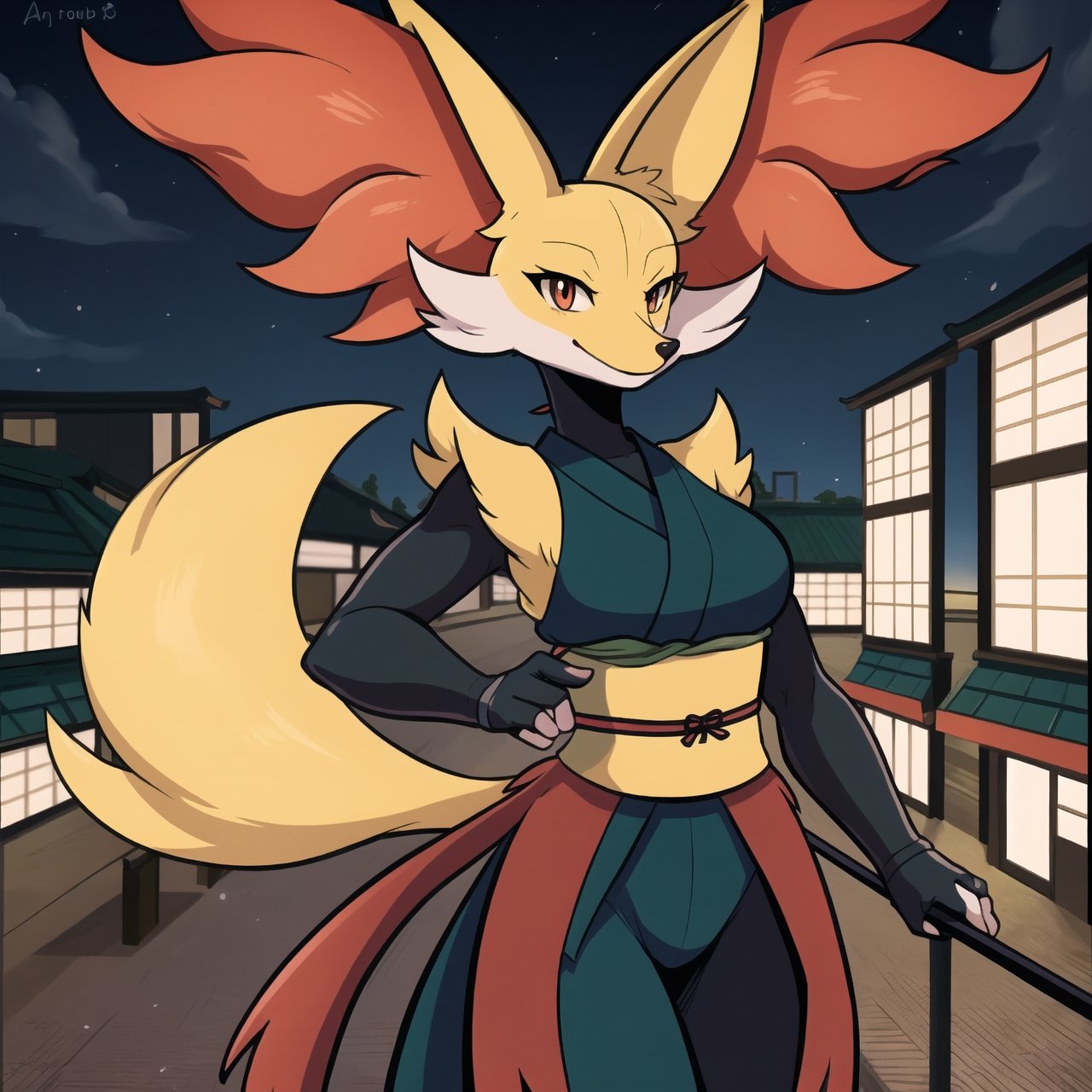 Delphox, Pokemon hembra, pokemon, ninja,, delphox ninja, cielo de noche, fondo de una ciudad japonesa antigua, ropa de ninja, cuerpo completo