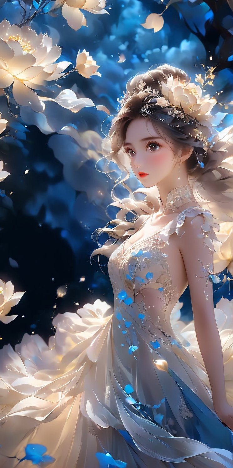 super fine illustration,masterpiece, best quality,{beautiful detailed eyes},1girl,finely detail,Depth of field, 4k wallpaper,bluesky,cumulus,wind,insanely detailed frills,extremely detailed lace,BLUE SKY,very long hair,Slightly open mouth,high ponytail,silver hair,small Breasts,cumulonimbus capillatus,slender waist,There are many scattered luminous petals,Hidden in the light yellow flowers,Depth of field,She bowed her head in frustration,Many flying drops of water,Upper body exposed,Many scattered leaves,branch ,angle ,contour deepening,cinematic angle ,{{{Classic decorative border}}}