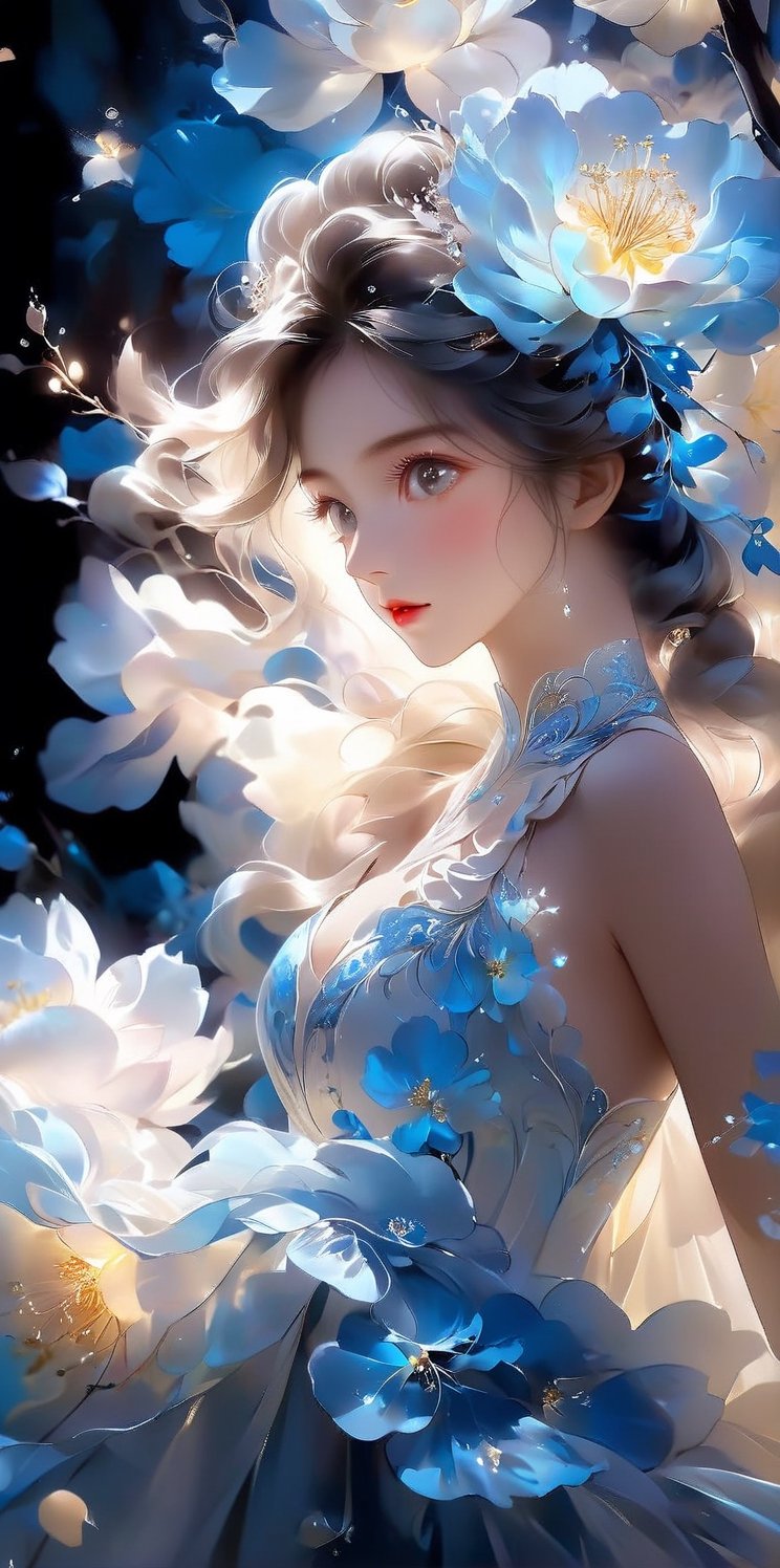 super fine illustration,masterpiece, best quality,{beautiful detailed eyes},1girl,finely detail,Depth of field, 4k wallpaper,bluesky,cumulus,wind,insanely detailed frills,extremely detailed lace,BLUE SKY,very long hair,Slightly open mouth,high ponytail,silver hair,small Breasts,cumulonimbus capillatus,slender waist,There are many scattered luminous petals,Hidden in the light yellow flowers,Depth of field,She bowed her head in frustration,Many flying drops of water,Upper body exposed,Many scattered leaves,branch ,angle ,contour deepening,cinematic angle ,{{{Classic decorative border}}}