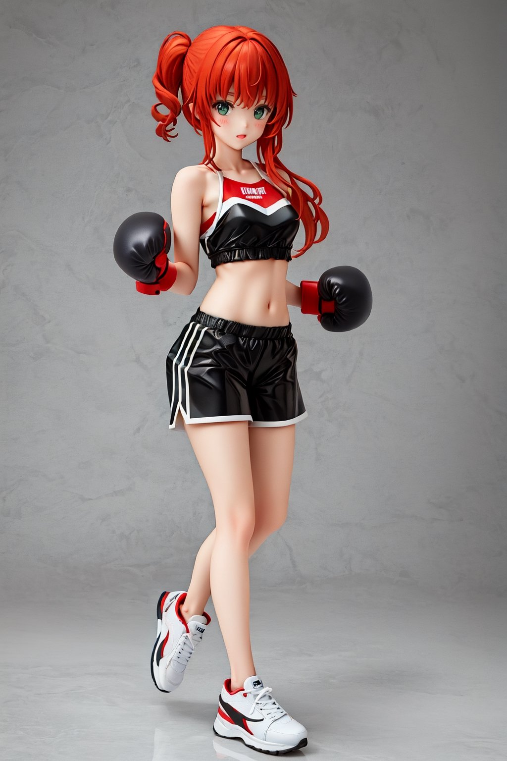 A beautiful nordic girl, with chestnut shoulder-length fiery red hair,a girl,green eyes,perfect body,Black female boxer outfit, white sneakers, yellow boxing gloves,ultra-detailed, full-body_portrait