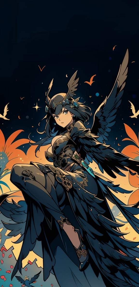 1girl,raven head gear, intricate, black feather dress, bird wings, midium breast, body, dynamic action pose, looking_at_the_viewer ,glittering flowers, complex background,weapon,1 girl,SAM YANG,High detailed ,seek,Pixel art,portrait,illustration,fcloseup,nodf_lora