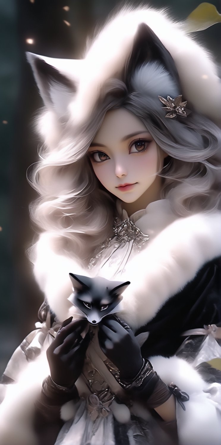 An artistic vision of a witch dressed in winter gothic Lolita attire with fox fur scarf. She has a fox fur gloves on her hands. Half smile. One eye closed. Dark forest. Disheveled hair. Close-up shot. Cluttered maximalism. Low-key lighting. Photorealistic. High angle. ani_booster,real_booster