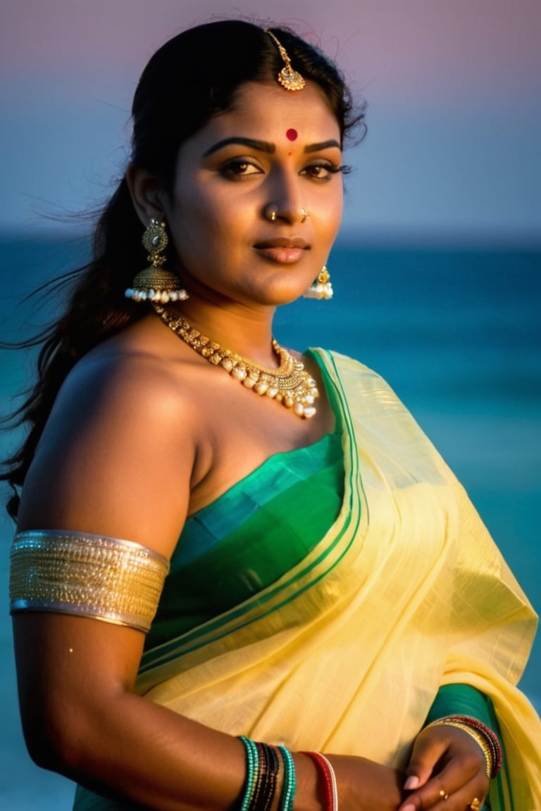 indian women chubby with transprent saree with gold jewlery in candle light beach looking towards camera fair skin