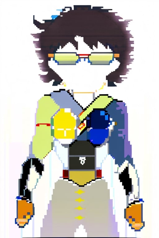 GLASSES: Hide face
SCALE SYMBOL: It is a symbol that
shows the balance, shows the colors white
and yellow as positive and black and blue as
opposite
WRIST BRACELET: The wristband so that
protect like a shield and the colors white and
black shows more decisions you can
take it into your hands whether they are good or bad
BELT: A red and yellow belt looks like
a fighting belt but small,anime,Pixel art,(Pencil_Sketch:1.2,marin kitagawa