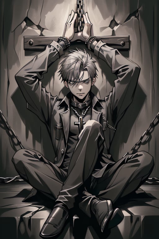 It shows a male person, with both arms raised and chained to a wall, sitting cross-legged. Relaxed attitude. The background is the dark grey wall of a dungeon.