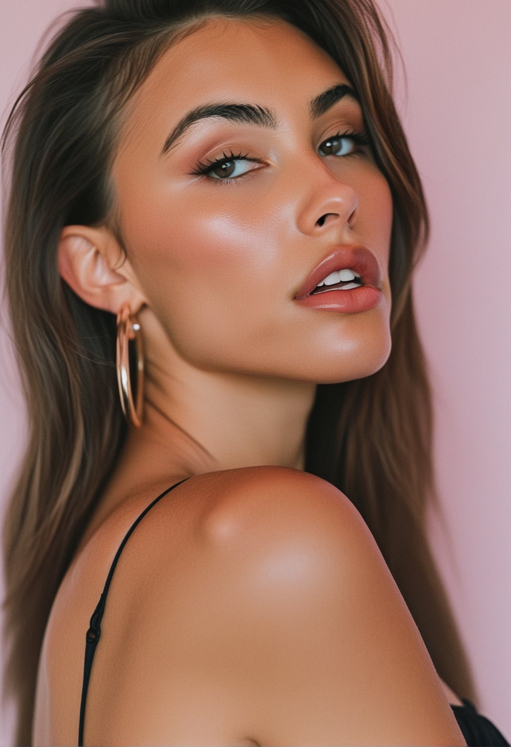 close-up upper body photo of Madison Beer, she is looking at the viewer, she is wearing hoop earrings