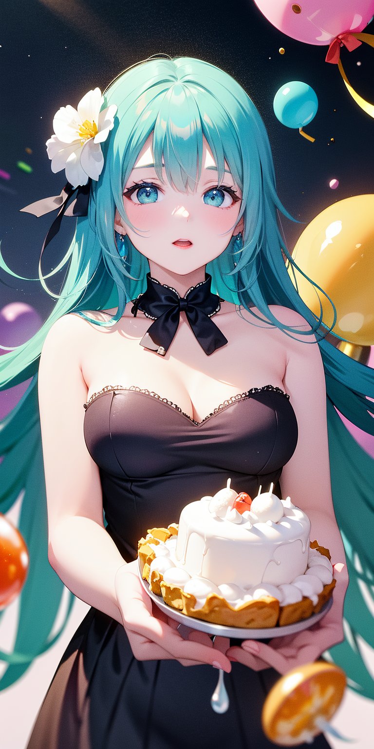 A girl, long aqua hair, bangs, falls onto a cream cake, causing the cream to splatter everywhere. As she lands, an explosion of candies and bubbles fills the air, floating all around her. The scene is whimsical and playful, with colorful sweets and shimmering bubbles creating a magical, dream-like atmosphere. (upper body:1.3) 