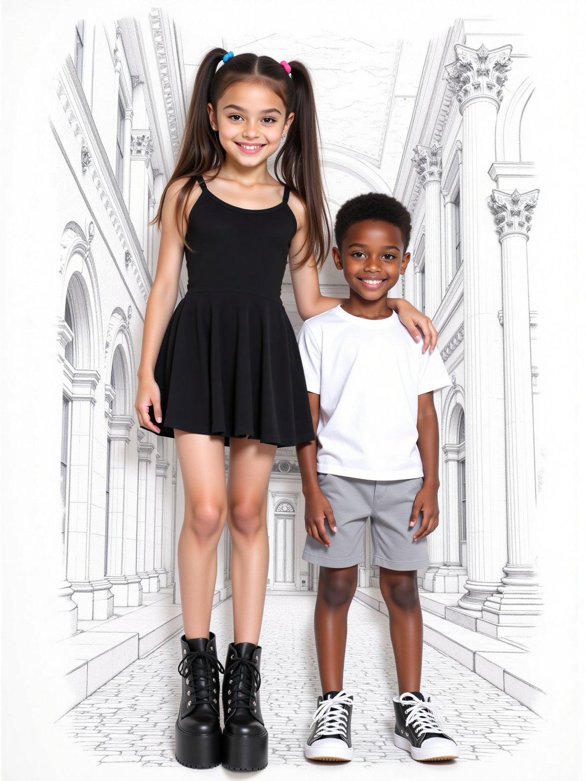 full-length image of cute 14-year-old girl dressed up cute,  cute ultra-short black minidress and sexy high heel black pla...