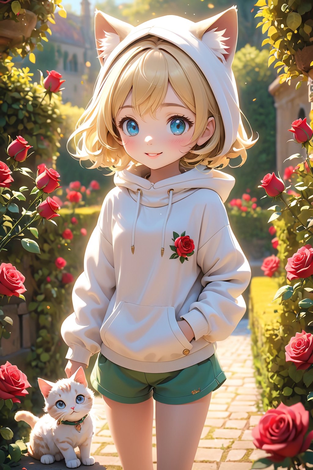 best quality, masterpiece, beautiful and aesthetic, vibrant color, Exquisite details and textures,  Warm tone, ultra realistic illustration,	(cute European girl, 7year old:1.5),	(rose garden theme:1.4), fluttering petals,	cute eyes, big eyes,	(a beautiful smile:1.1),	cinematic lighting, ambient lighting, sidelighting, cinematic shot,	siena natural ratio, children's body, anime style, 	turning to look at me,	Short Wave blonde hair,	wearing a cat hood, shorts, white turtleneck,	ultra hd, realistic, vivid colors, highly detailed, UHD drawing, perfect composition, beautiful detailed intricate insanely detailed octane render trending on artstation, 8k artistic photography, photorealistic concept art, soft natural volumetric cinematic perfect light. 