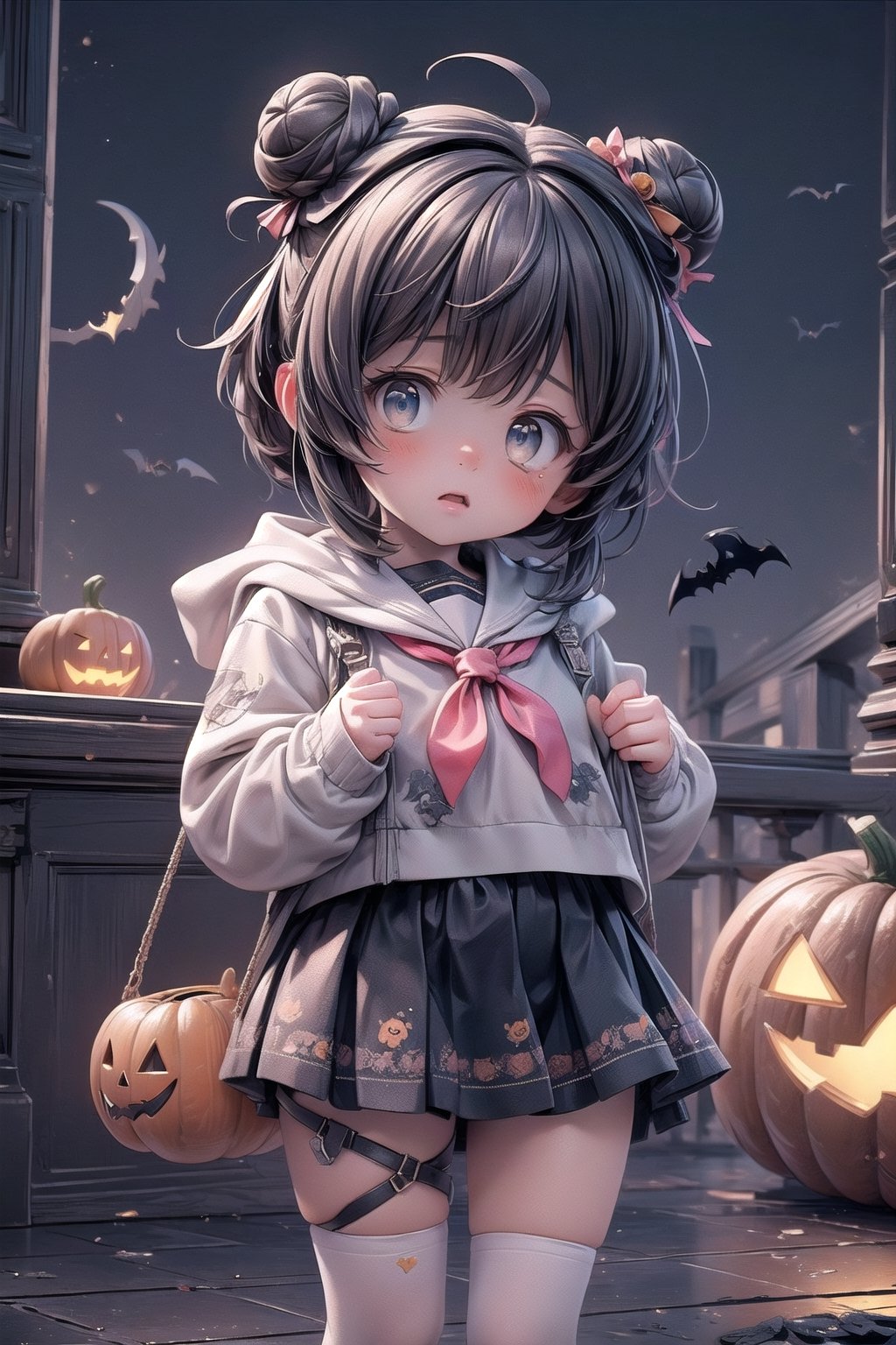 best quality, masterpiece, beautiful and aesthetic, vibrant color, Exquisite details and textures,  Warm tone, ultra realistic illustration,	(cute European baby girl, 4year old:1.5),	(Halloween theme:1.3),	cute eyes, big eyes,	(a surprised look:1.5),	cinematic lighting, ambient lighting, sidelighting, cinematic shot,	siena natural ratio, children's body, anime style, 	head to thigh portrait,	dark brown bun hair,	wearing a cute Sailor suit,	ultra hd, realistic, vivid colors, highly detailed, UHD drawing, perfect composition, beautiful detailed intricate insanely detailed octane render trending on artstation, 8k artistic photography, photorealistic concept art, soft natural volumetric cinematic perfect light. 