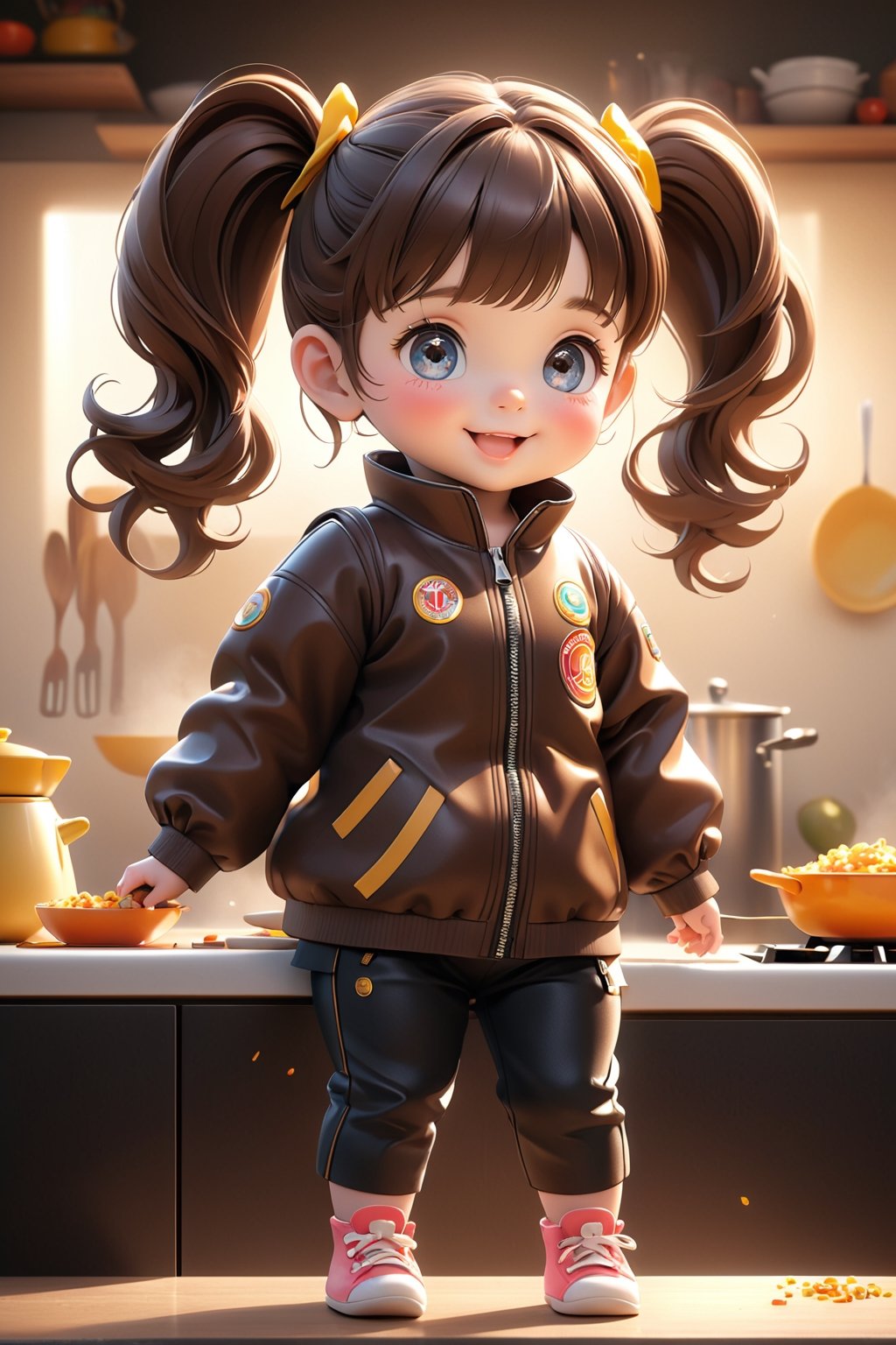 best quality, masterpiece, beautiful and aesthetic, vibrant color, Exquisite details and textures,  Warm tone, ultra realistic illustration,	(cute European baby girl, 4year old:1.5),	(cooking theme:1.4),	cute eyes, big eyes,	(a beautiful smile:1.1),	cinematic lighting, ambient lighting, sidelighting, cinematic shot,	siena natural ratio, children's body, anime style, 	(random view:1.4), (random poses:1.4), 	dark brown ponytail hairstyle with blunt bangs, 	a black zipped jacket, black pants, 	ultra hd, realistic, vivid colors, highly detailed, UHD drawing, perfect composition, beautiful detailed intricate insanely detailed octane render trending on artstation, 8k artistic photography, photorealistic concept art, soft natural volumetric cinematic perfect light. 