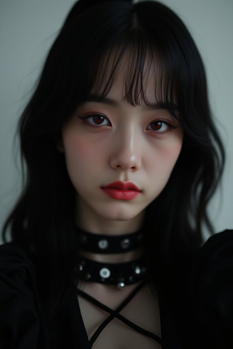 (masterpiece, best quality, photorealistic, high resolution, 8K raw photo, artstation) Half-body shot, Asian Girl, [Lisa Blackpink: Jisoo Blackpink:0.5], red eyes, elegant, thoughtful, reddish yellow lips, gothic, emo, dark, rock clothing, ((loose hair, black with white color)), good quality, cyberpunk, gothicม ทนืหะำพ