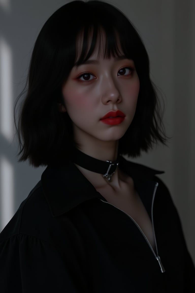 (masterpiece, best quality, photorealistic, high resolution, 8K raw photo, artstation) Half-body shot, Asian Girl, [Lisa Blackpink: Jisoo Blackpink:0.5], red eyes, elegant, thoughtful, reddish yellow lips, gothic, emo, dark, rock clothing, ((loose hair, black with white color)), good quality, cyberpunk, gothicม ทนืหะำพ